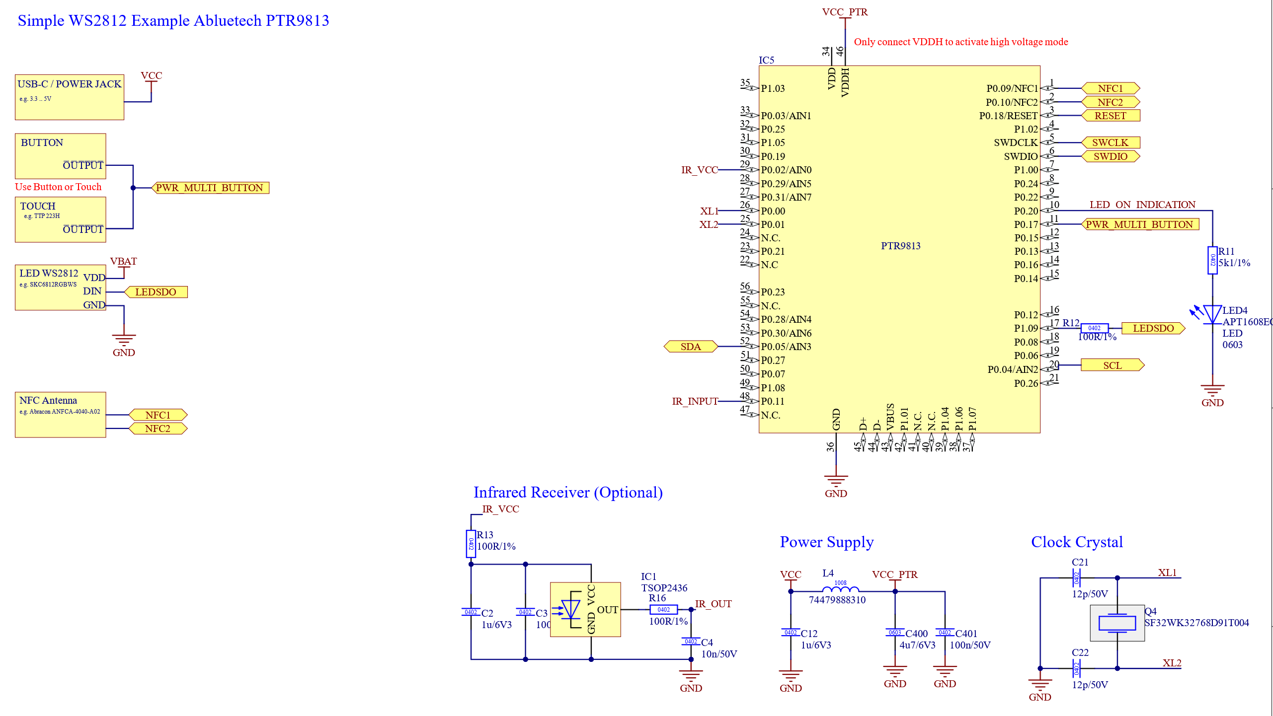 使用 PTR9813 且不使用 battery management 的 Core WS2812 硬件 example