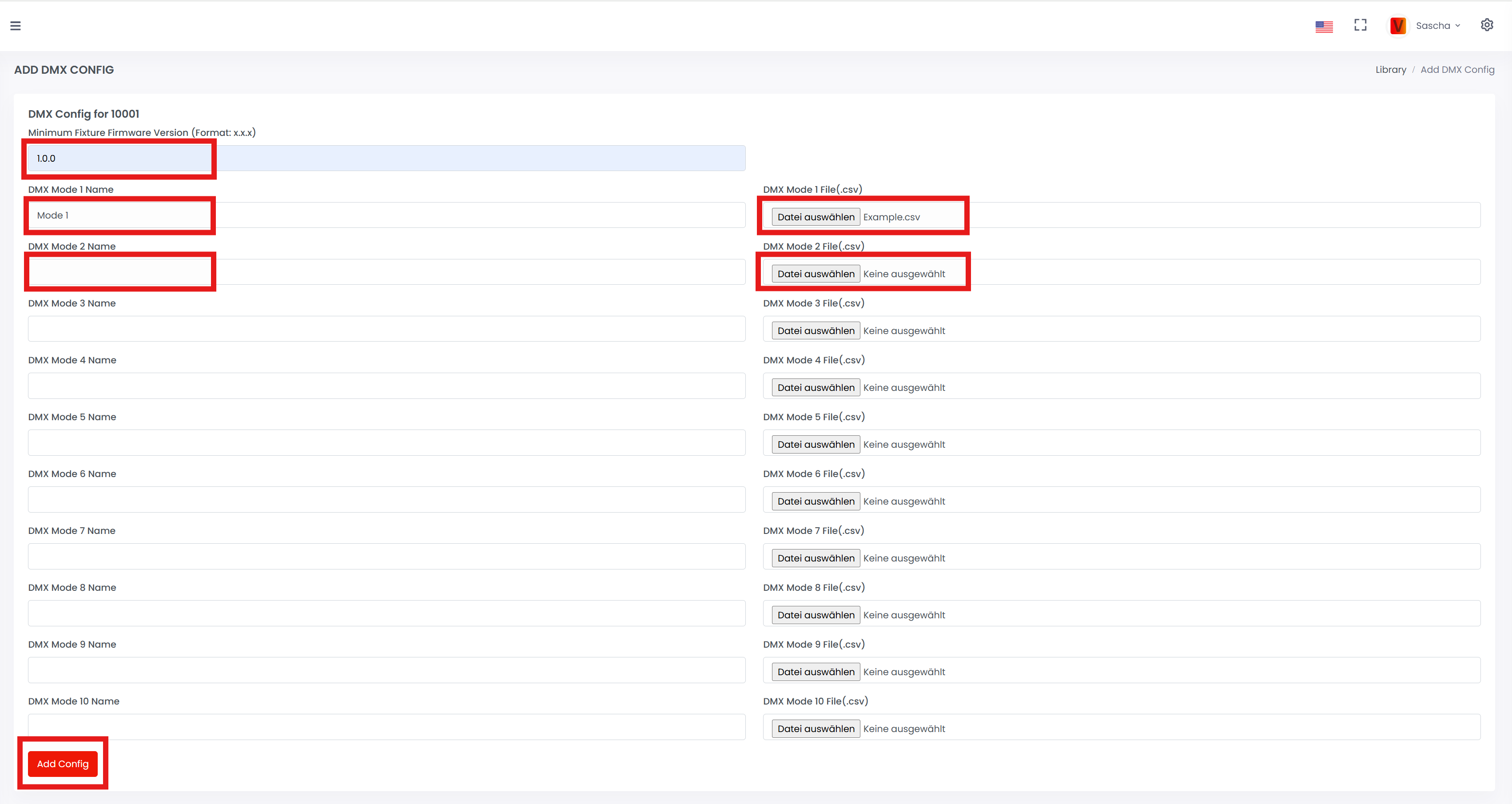 Enter DMX config version and upload CSV files