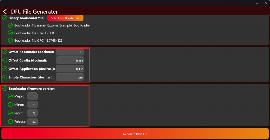 Flash file generator offsets